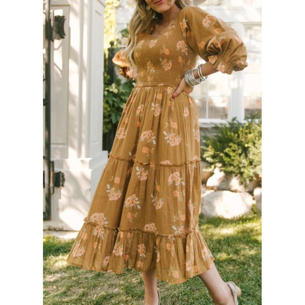 Ivy City Madeline Dress in Celeste Floral Square Neck 3/4 Sleeves Midi Length L